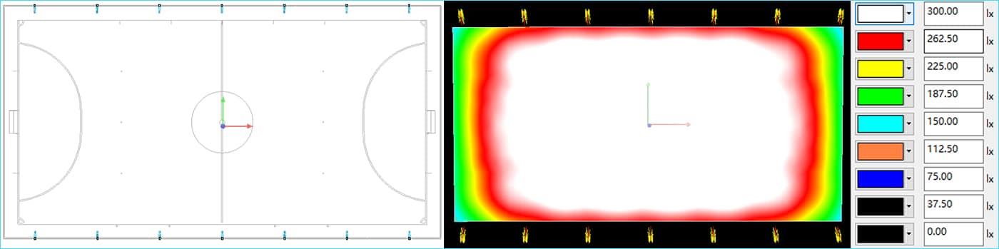 Agencement et résultat de l'éclairage de futsal en salle